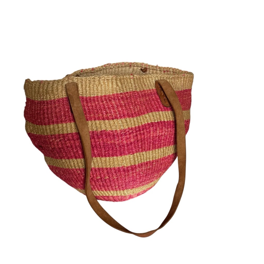 Colorful straw tote bag with leather trim (b80)
